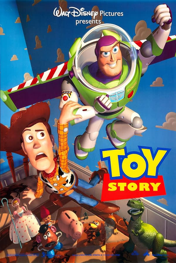 A vibrant cartoon poster for 'Toy Story' featuring Buzz Lightyear flying with a determined expression and Woody, looking surprised and holding onto Buzz's arm. Various toy characters, including a pig, a dinosaur, and a doll, are scattered on the floor beneath them.