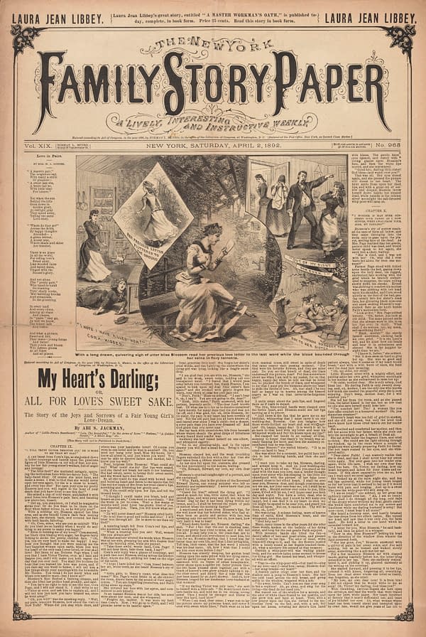 Cover of the New York Family Story Paper, featuring illustrations and text. This edition includes a story titled 'My Heart's Darling' by A.B.S. Jackman, published on April 2, 1892.