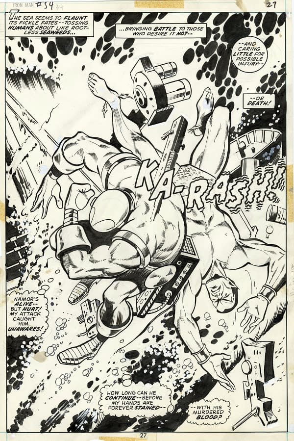 Iron Man confronts Sub-Mariner in this original artwork from Iron Man #54, highlighting their intense underwater conflict.