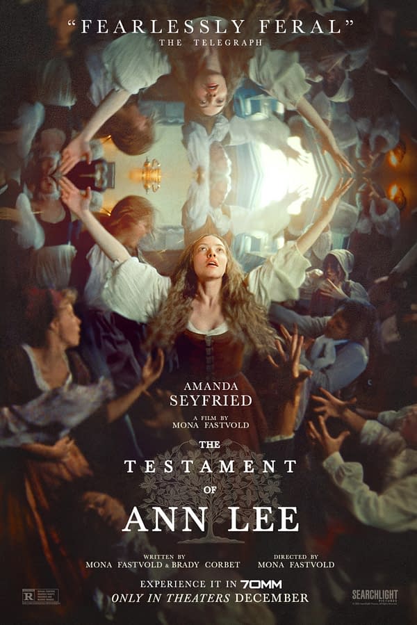 A dynamic movie poster for 'The Testament of Ann Lee,' featuring a central figure of a woman with long hair, surrounded by other figures in motion, conveying a sense of turmoil. The poster includes the names of the lead actress Amanda Seyfried, director Mona Fastvold, and notable film quotes.