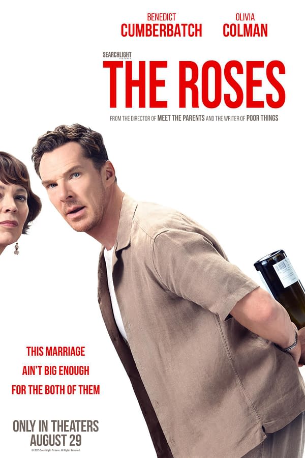 A promotional poster for the film 'The Roses' featuring actors Benedict Cumberbatch and Olivia Colman. Cumberbatch appears concerned while holding a wine bottle behind his back, set against a plain white background.