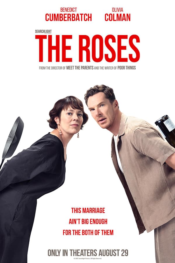 A promotional poster for the movie 'The Roses', featuring characters portrayed by Benedict Cumberbatch and Olivia Colman. The design includes striking red text and depicts tension between the characters, hinting at a comedic conflict.