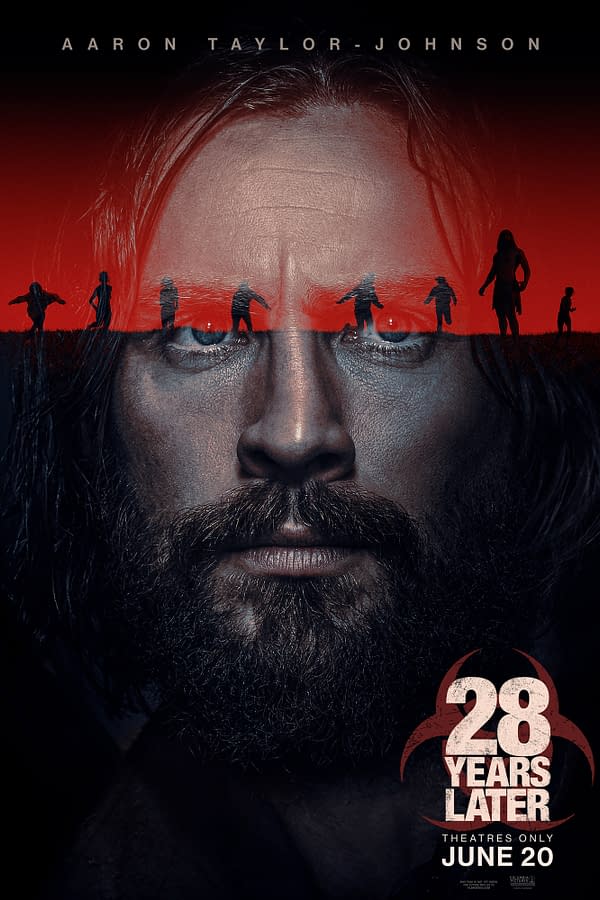 A dramatic movie poster featuring Aaron Taylor-Johnson with a gritty expression, overlayed with shadowy figures representing a post-apocalyptic theme. The title '28 Years Later' is prominently displayed at the bottom, along with a release date of June 20.