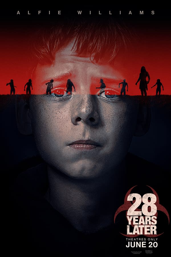 A promotional poster for the film "28 Years Later," featuring a close-up of a young boy's face with a somber expression. In the background, shadowy figures representing chaos and danger are silhouetted against a red gradient, with the film title and release date clearly displayed at the bottom.