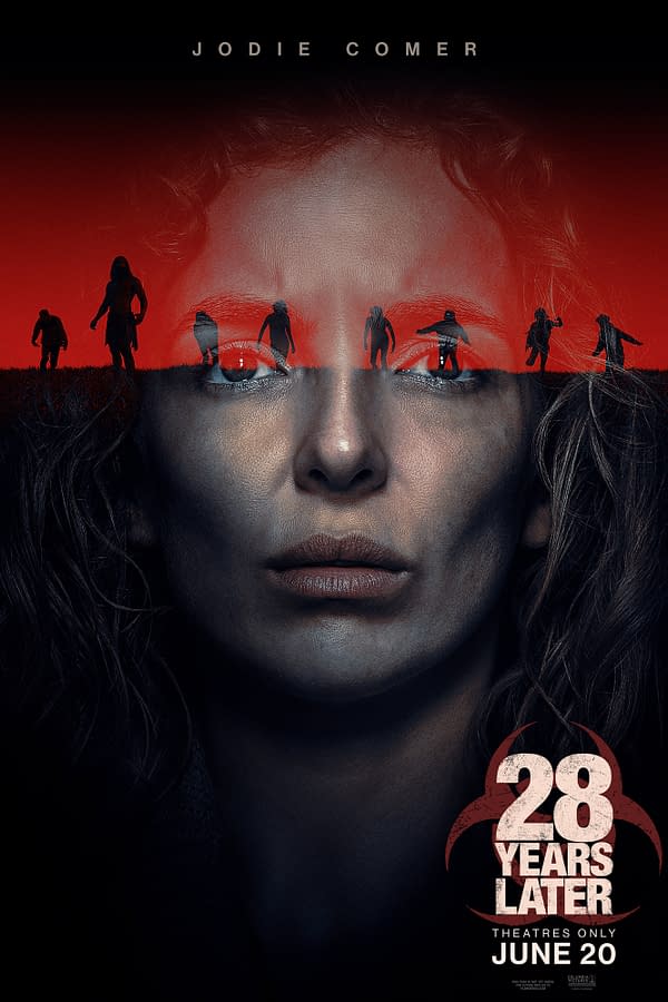 A promotional poster featuring Jodie Comer with a dramatic expression, set against a backdrop of a red horizon. Silhouettes of people appear above her, evoking themes of survival and horror associated with the film '28 Years Later,' which is set for theatrical release.