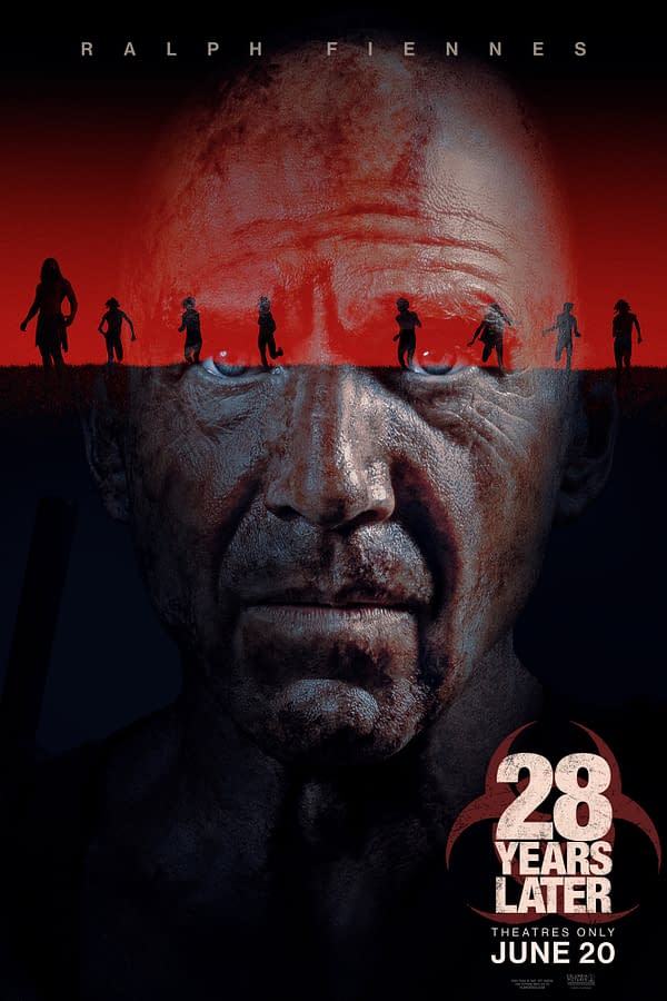 A dramatic poster featuring Ralph Fiennes, whose intense face fills the foreground, while shadowy figures run against a striking red background. The title '28 Years Later' is prominently displayed at the bottom, along with the release date, 'THEATRES ONLY JUNE 20.'