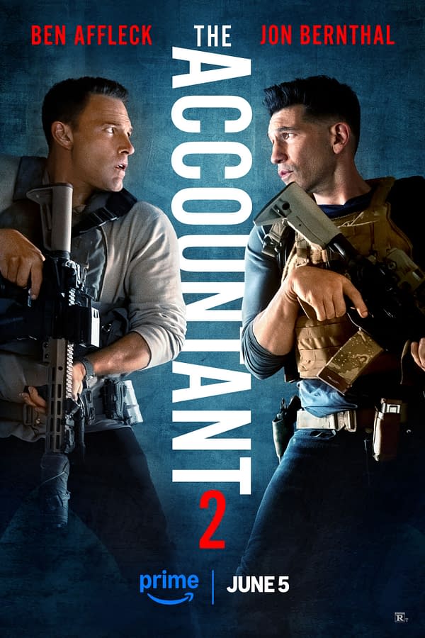 The promotional poster for 'The Accountant 2' featuring two male characters, one played by Ben Affleck and the other by Jon Bernthal, both holding firearms in a tense stare-down. The title 'THE ACCOUNTANT 2' appears prominently in the center, with 'prime' and the release date 'JUNE 5' displayed at the bottom.