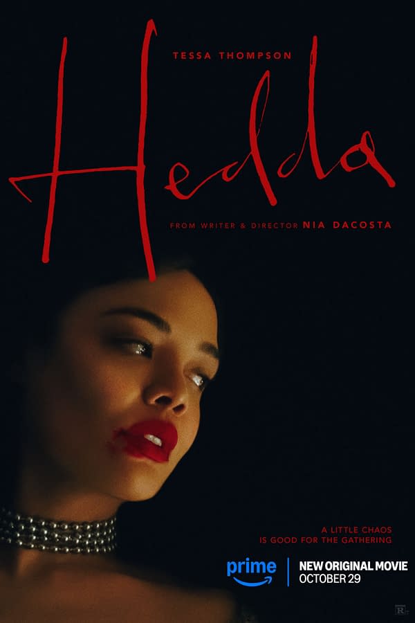A promotional poster for the movie 'Hedda,' featuring Tessa Thompson with dramatic makeup and a blood-red lip. The title 'Hedda' is prominently displayed in red, with the tagline 'A little chaos is good for the gathering' and release date details.