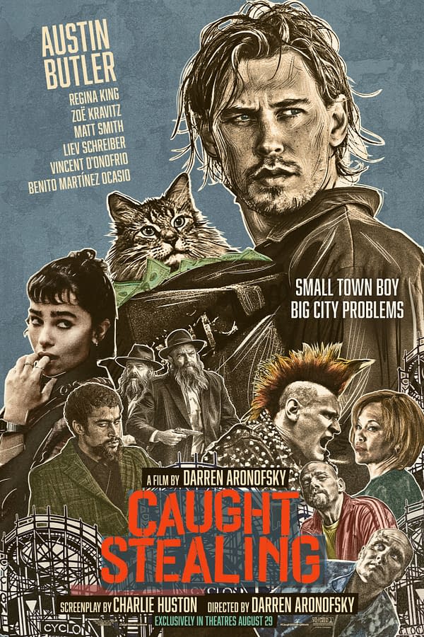 A stylized movie poster for 'Caught Stealing,' featuring a collage of characters including a man with long hair and a hawk on his shoulder, a woman with short hair biting her finger, and several other figures in dramatic poses. The poster includes the tagline 'Small Town Boy, Big City Problems' and indicates it is directed by Darren Aronofsky.