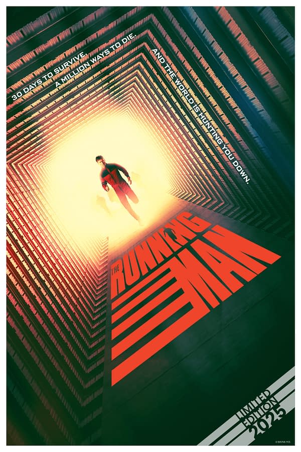 A movie poster for 'The Running Man,' featuring a runner in a bright red outfit moving towards a glowing light. The design includes sharp, converging lines and large text emphasizing themes of survival and danger.