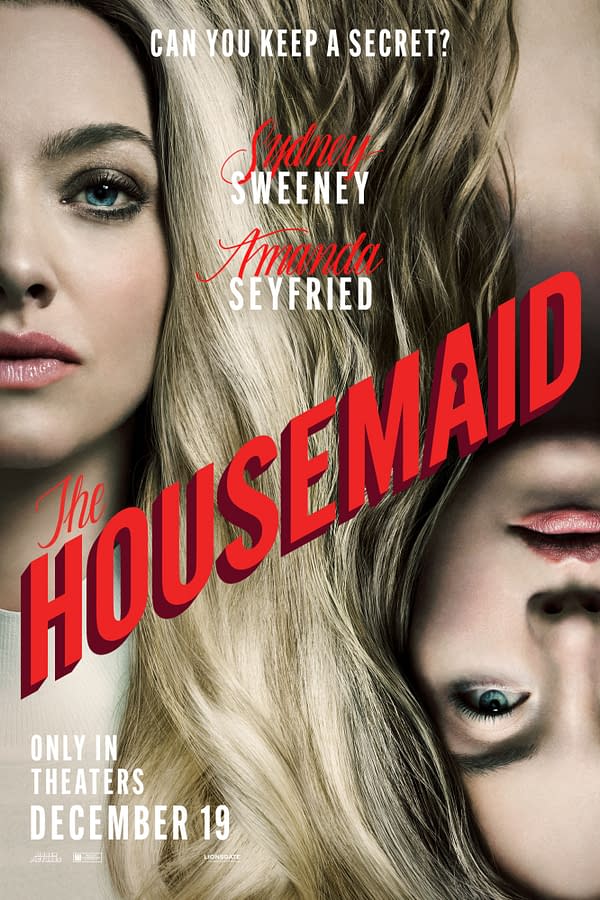 A movie poster for 'The Housemaid' featuring two women, Amanda Seyfried and Sydney Sweeney, with long, flowing hair. The title 'The HOUSEMAID' is prominently displayed in bold red letters.