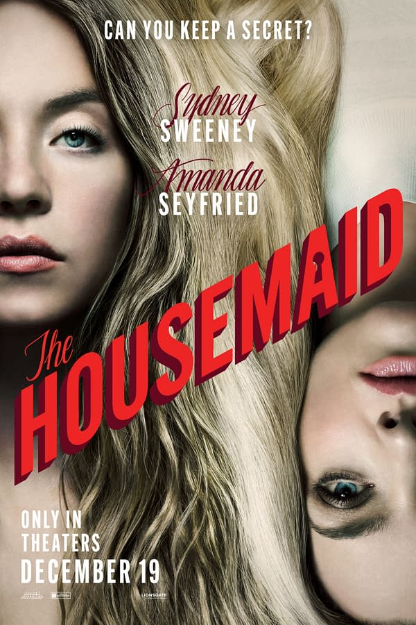A movie poster for 'The Housemaid,' featuring the faces of Sydney Sweeney and Amanda Seyfried with flowing hair. The title prominently displayed in bold red lettering, along with the release date 'ONLY IN THEATERS DECEMBER 19.'
