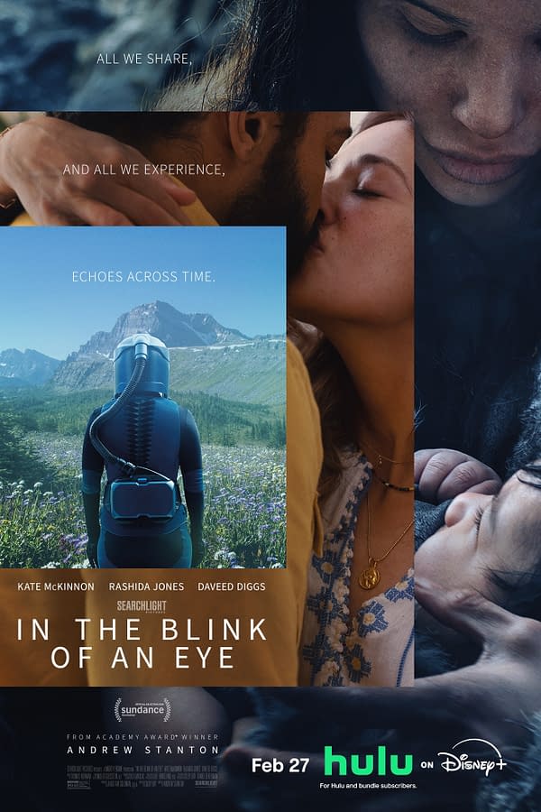 A movie poster for "In The Blink Of An Eye" featuring images of diverse characters in emotional moments, a figure in a futuristic suit against a mountain backdrop, and text about shared experiences. The poster promotes the film's release on Hulu.