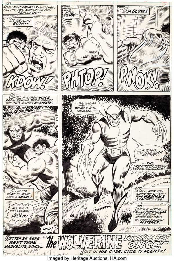 Original comic art from 'The Incredible Hulk' #180 featuring the first appearance of Wolverine, showcasing dynamic illustrations of Hulk and Wolverine in action with dramatic text bubbles.