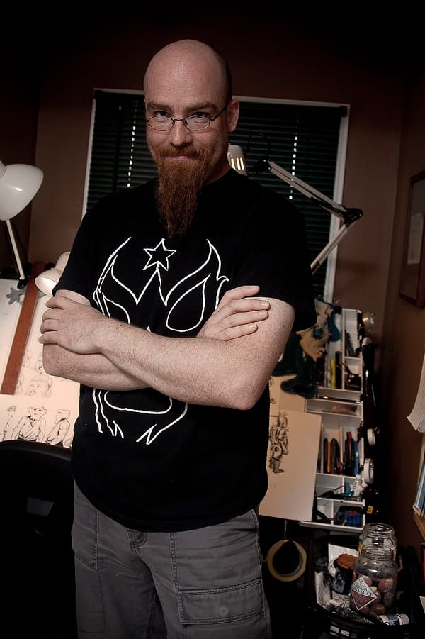 Comic book artist Von Allan in his studio, photo by Angelina Dunn.