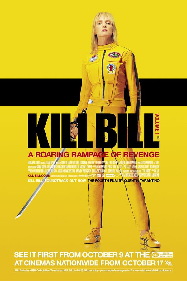 A promotional poster for the film 'Kill Bill', showcasing a character in a bright yellow jumpsuit holding a katana. The background is yellow with bold black text displaying the film's title and tagline.