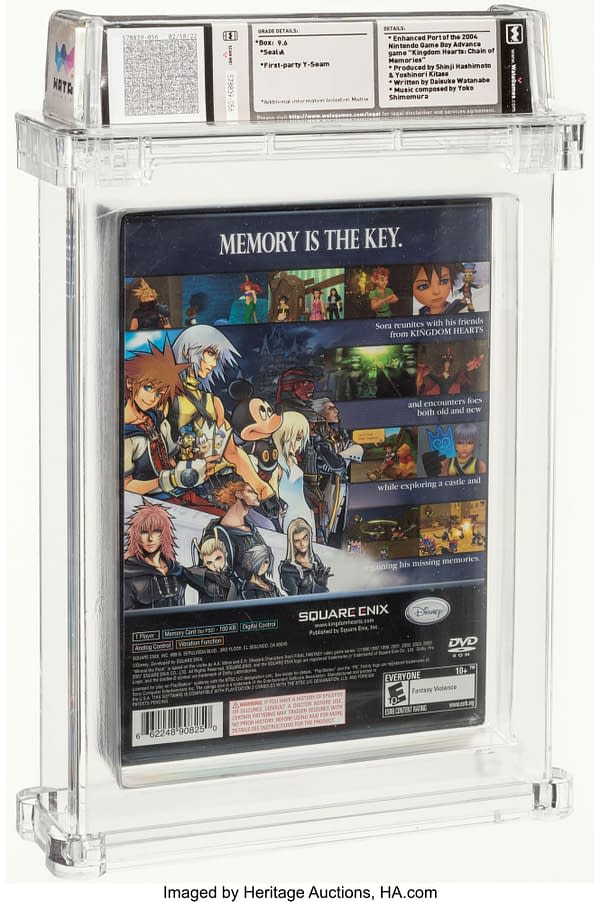 The back face of the graded case for Kingdom Hearts: Re: Chain of Memories, a game for the Sony PlayStation 2. Currently available at auction on Heritage Auctions' website.