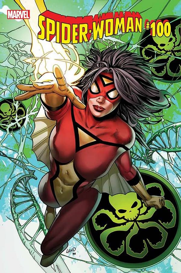 Spider-Woman #100 (and also #5) cover. Credit: Marvel Comics.