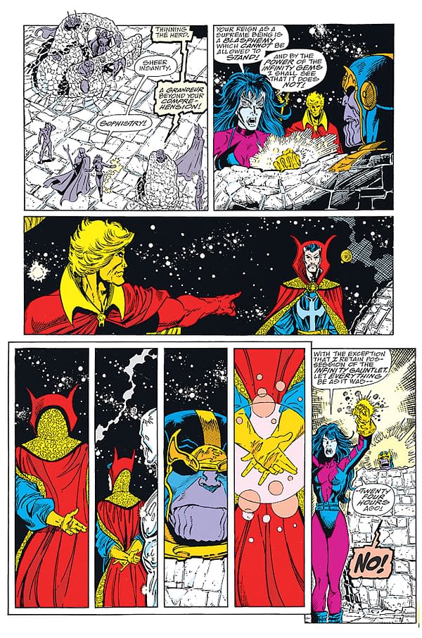 Infinity Gauntlet art by George Perez, Ron Lim, Joe Rubinstein, Tom Christopher, Bruce Solotoff, Max Scheele, Ian Laughlin, and Evelyn Stein
