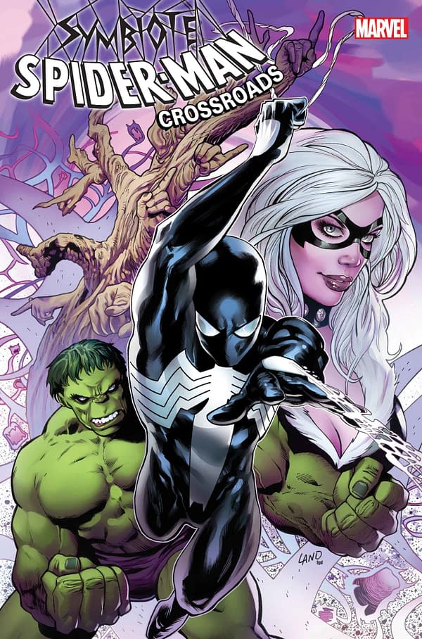 The cover to Symbiote Spider-Man: Crossroads #1, written by Peter David with "art" by Greg Land, in stores from Marvel Comics in July, $4.99 cheap!