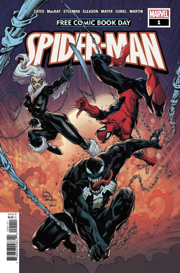 Spider-Man FCBD has a Jed MacKay Black Cat story and a Donny Cates Venom story. Credit: Marvel Comics.
