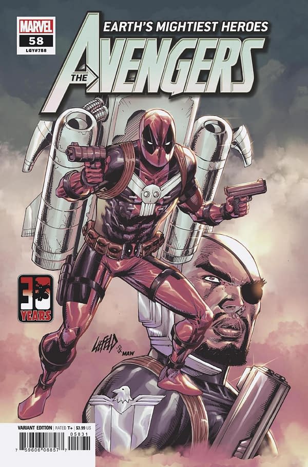 Cover image for AVENGERS 58 LIEFELD DEADPOOL 30TH VARIANT