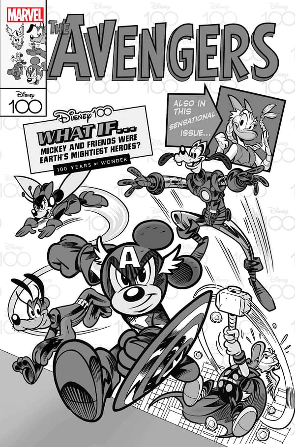 Cover image for AMAZING SPIDER-MAN 17 PASTROVICCHIO DISNEY100 AVENGERS BLACK AND WHITE VARIANT [DWB]
