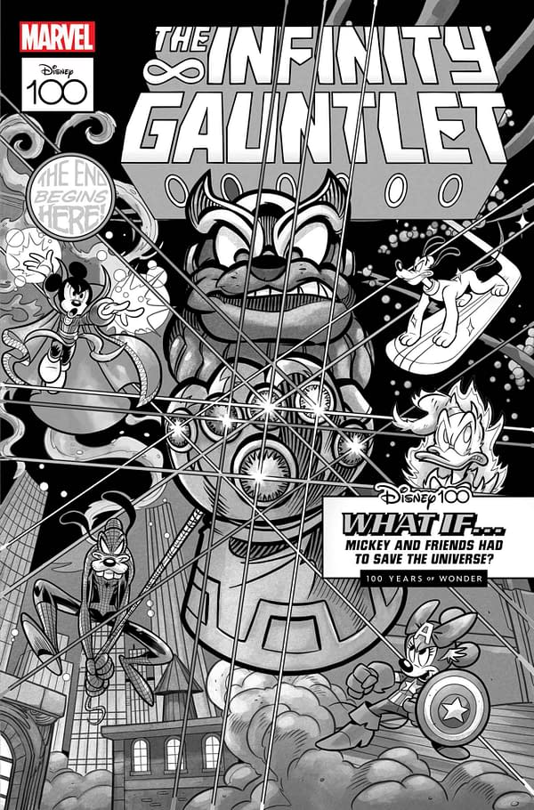 Cover image for AMAZING SPIDER-MAN 23 LORENZO PASTROVICCHIO DISNEY100 INFINITY GAUNTLET BLACK AN D WHITE VARIANT