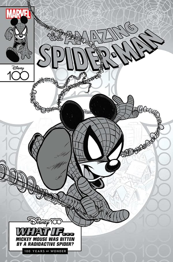 Cover image for AMAZING SPIDER-MAN 35 CLAUDIO SCIARRONE DISNEY100 AMAZING SPIDER-MAN BLACK AND WHITE VARIANT