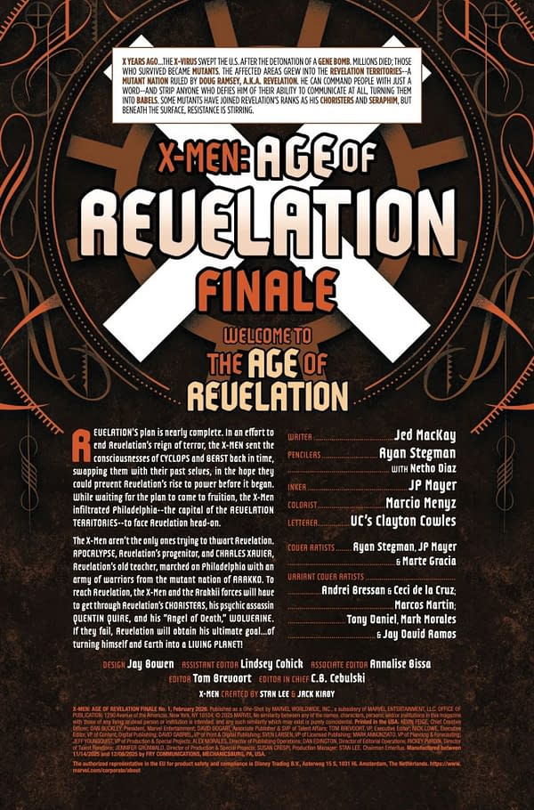 A comic book page from 'X-Men: Age of Revelation Finale #1', featuring key details about the storyline related to the X-Men, including their struggles against a character named Revelation. The layout includes various names of contributors involved in the comic's creation.