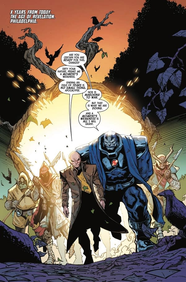 An illustration from a comic, depicting a group of characters, including a man in a dark coat and a large figure in armor, walking toward a glowing portal amidst a mystical, forested backdrop. Speech bubbles convey a tense conversation between the characters, hinting at themes of war and weakness.