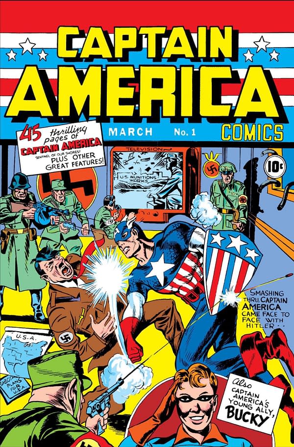 Captain America, created by Jack Kirby and Joe Simon, punches Adolph Hitler on the cover of Captain America Comics #1