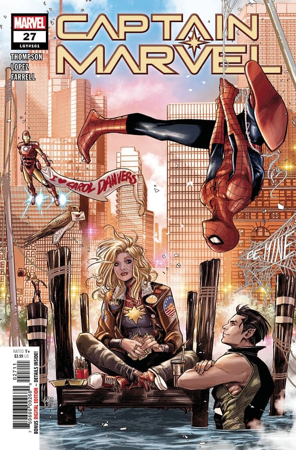 The main cover to Captain Marvel #27 by Marco Checchetto, from Marvel Comics.