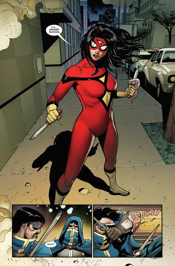 An interior preview page from Spider-Woman #11, by Karla Pacheco and Pere Perez, in stores from Marvel Comics on April 21st