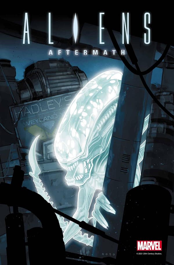 The cover to Aliens: Aftermath #1, by Phil Noto and not, to our knowledge, traced from a photo of an action figure.