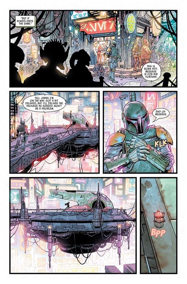 Interior preview page from APR210945 STAR WARS WAR OF THE BOUNTY HUNTERS #1 (OF 5), by (W) Charles Soule (A) Luke Ross (CA) Steve McNiven, in stores Wednesday, June 2, 2021 from MARVEL COMICS