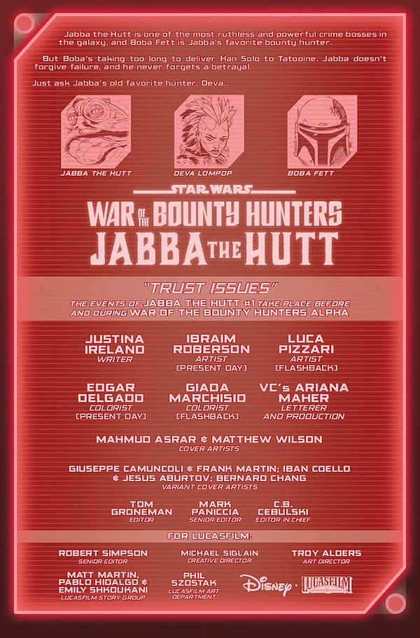 Interior preview page from MAY210675 STAR WARS WAR OF THE BOUNTY HUNTERS JABBA THE HUTT #1, by (W) Justina Ireland (A) Luca Pizarri, More (CA) Mahmud Asrar, in stores Wednesday, July 21, 2021 from MARVEL COMICS