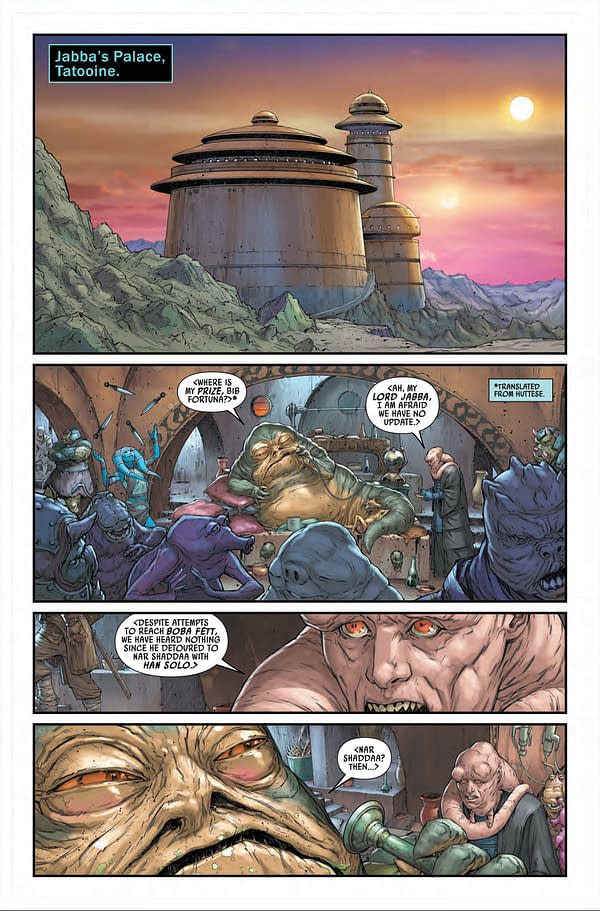 Interior preview page from MAY210675 STAR WARS WAR OF THE BOUNTY HUNTERS JABBA THE HUTT #1, by (W) Justina Ireland (A) Luca Pizarri, More (CA) Mahmud Asrar, in stores Wednesday, July 21, 2021 from MARVEL COMICS