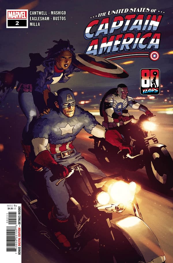 Cover image for MAY210563 UNITED STATES OF CAPTAIN AMERICA #2 (OF 5), by (W) Mohale Mashigo, Christopher Cantwell (A) Dale Eaglesham, Natacha Bustos (CA) Gerald Parel, in stores Wednesday, July 28, 2021 from MARVEL COMICS