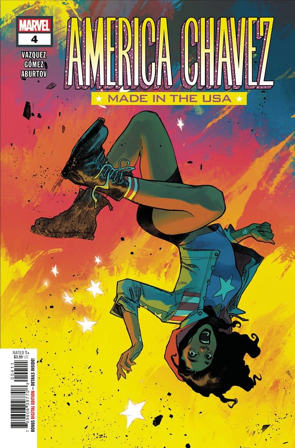Cover image for MAY210650 AMERICA CHAVEZ MADE IN THE USA #4 (OF 5), by (W) Kalinda Vazquez (A) Carlos E. Gomez (CA) Sara Pichelli, in stores Wednesday, July 7, 2021 from MARVEL COMICS