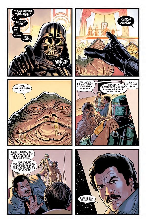 Interior preview page from JUN210731 STAR WARS WAR OF THE BOUNTY HUNTERS #3 (OF 5), by (W) Charles Soule (A) Luke Ross (CA) Steve McNiven, in stores Wednesday, August 18, 2021 from MARVEL COMICS