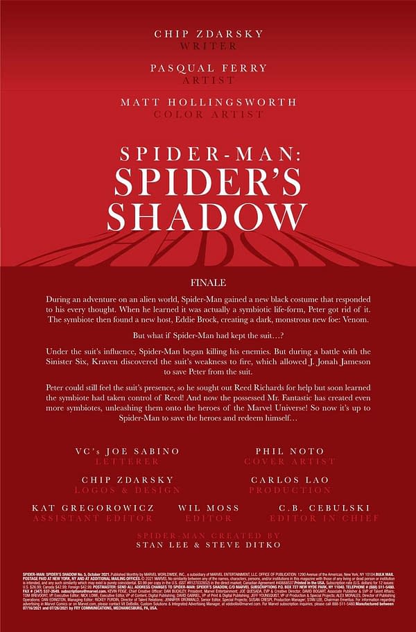 Interior preview page from JUN210665 SPIDER-MAN SPIDER'S SHADOW #5 (OF 5), by (W) Chip Zdarsky (A) Pasqual Ferry (CA) Phil Noto, in stores Wednesday, August 11, 2021 from MARVEL COMICS
