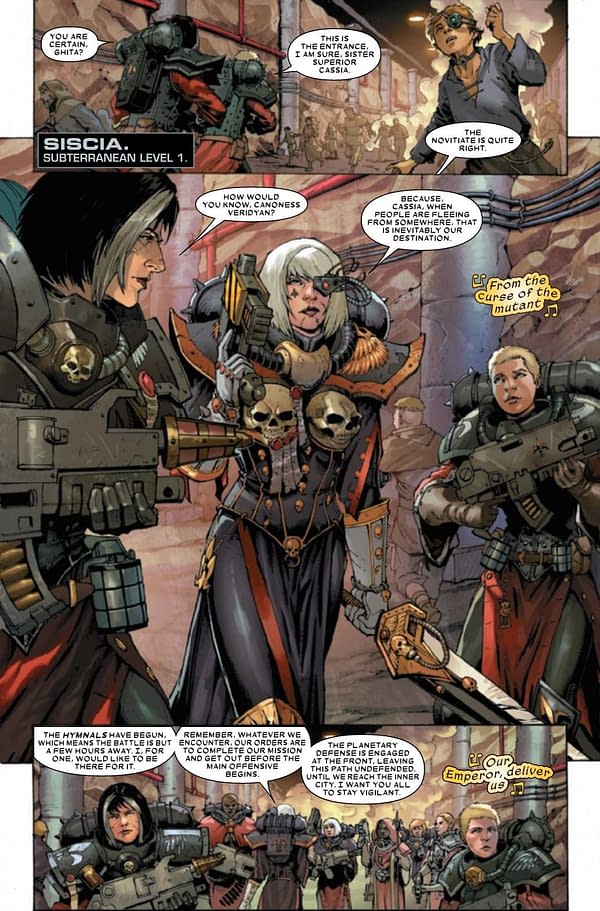 Interior preview page from JUN210564 WARHAMMER 40K SISTERS O BATTLE #1 (OF 5), by (W) Torunn Gronbekk (A) Edgar Salazar (CA) Dave Wilkins, in stores Wednesday, August 18, 2021 from MARVEL COMICS