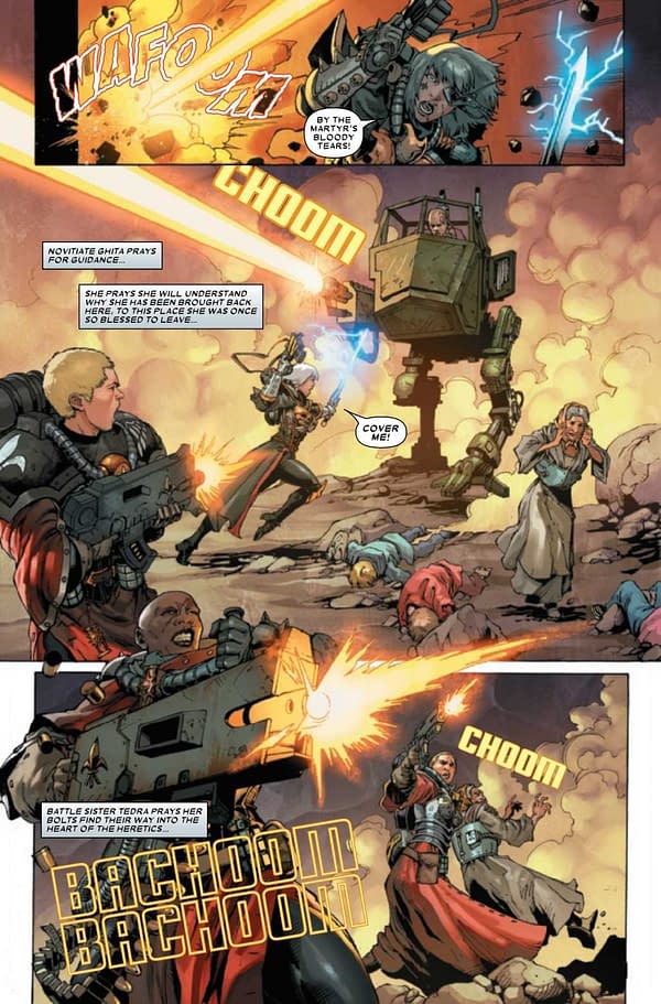 Interior preview page from JUN210564 WARHAMMER 40K SISTERS O BATTLE #1 (OF 5), by (W) Torunn Gronbekk (A) Edgar Salazar (CA) Dave Wilkins, in stores Wednesday, August 18, 2021 from MARVEL COMICS