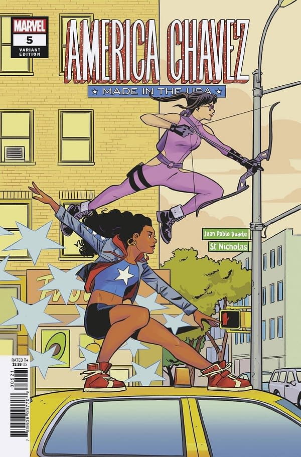 Cover image for JUN210700 AMERICA CHAVEZ MADE IN THE USA #5 (OF 5) BUSTOS VAR, by (W) Kalinda Vazquez (A) Carlos E. Gomez (CA) Natacha Bustos, in stores Wednesday, August 11, 2021 from MARVEL COMICS