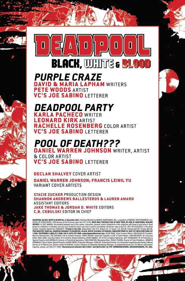 Interior preview page from JUL210628 DEADPOOL BLACK WHITE & BLOOD #2 (OF 5), by (W) Karla Pacheco, More (A) Leonard Kirk, More (CA) Declan Shalvey, in stores Wednesday, September 8, 2021 from MARVEL COMICS