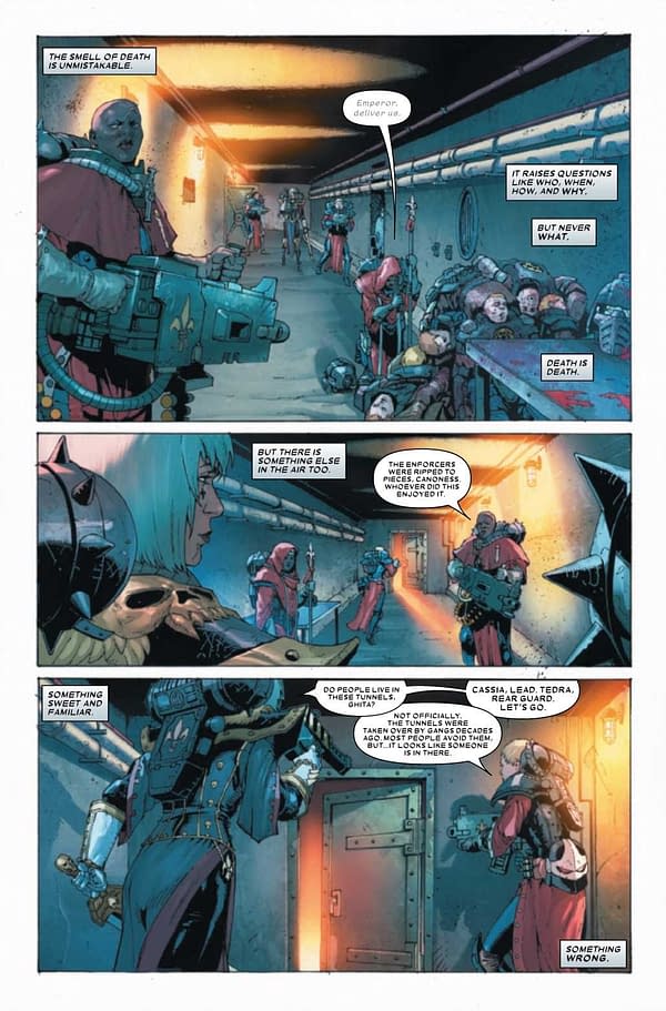 Interior preview page from JUL210631 WARHAMMER 40K SISTERS OF BATTLE #2 (OF 5), by (W) Torunn Gronbekk (A) Edgar Salazar (CA) Dave Wilkins, in stores Wednesday, September 15, 2021 from MARVEL COMICS