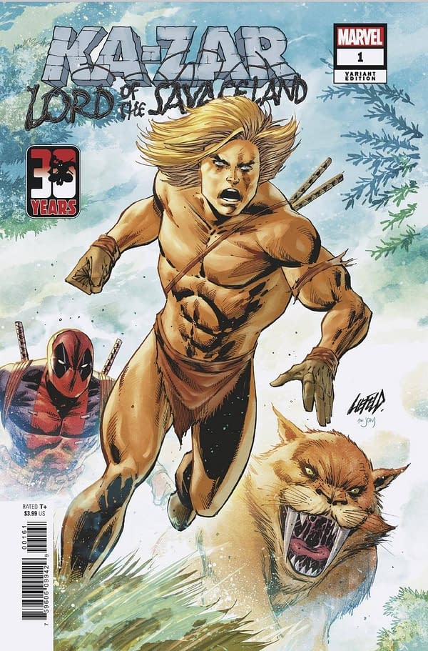 Cover image for JUL210605 KA-ZAR LORD OF THE SAVAGE LAND #1 (OF 5) LIEFELD DEADPOOL 30TH VAR, by (W) Zac Thompson (A) German Garcia (CA) Rob Liefeld, in stores Wednesday, September 8, 2021 from MARVEL COMICS