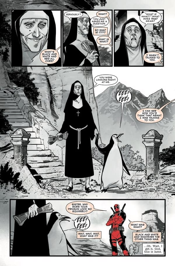 Interior preview page from AUG211128 DEADPOOL BLACK WHITE & BLOOD #3 (OF 4), by (W) Jay Baruchel, More (A) Paco Medina, More (CA) Kev Walker, in stores Wednesday, October 6, 2021 from MARVEL COMICS