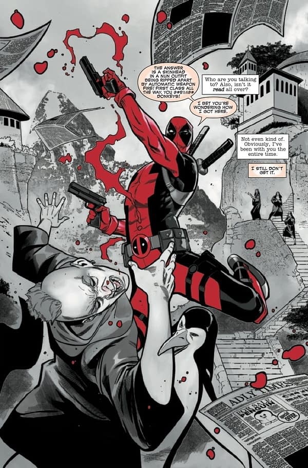 Interior preview page from AUG211128 DEADPOOL BLACK WHITE & BLOOD #3 (OF 4), by (W) Jay Baruchel, More (A) Paco Medina, More (CA) Kev Walker, in stores Wednesday, October 6, 2021 from MARVEL COMICS